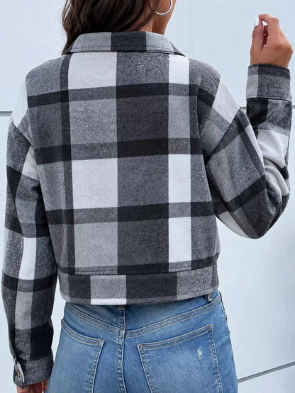 Blue Plaid Button Front Cropped Pocketed Jacket - Bitsy Gypsy Boutique