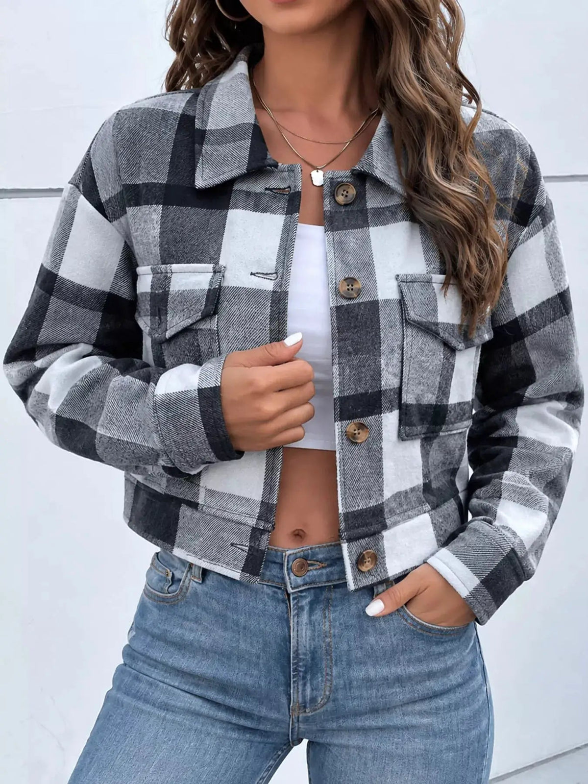 Blue Plaid Button Front Cropped Pocketed Jacket - Bitsy Gypsy Boutique