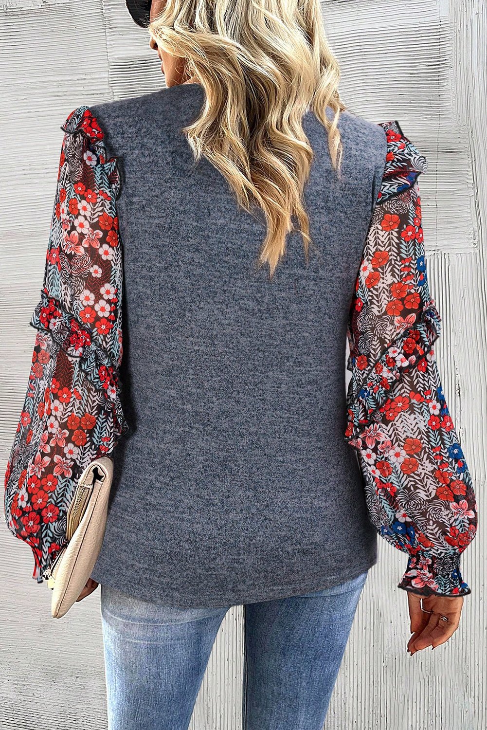 Blue Ruffle Tiered Floral Sleeve Crew Neck Blouse - Bitsy Gypsy Boutique