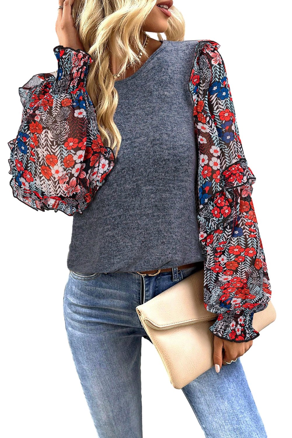 Blue Ruffle Tiered Floral Sleeve Crew Neck Blouse - Bitsy Gypsy Boutique