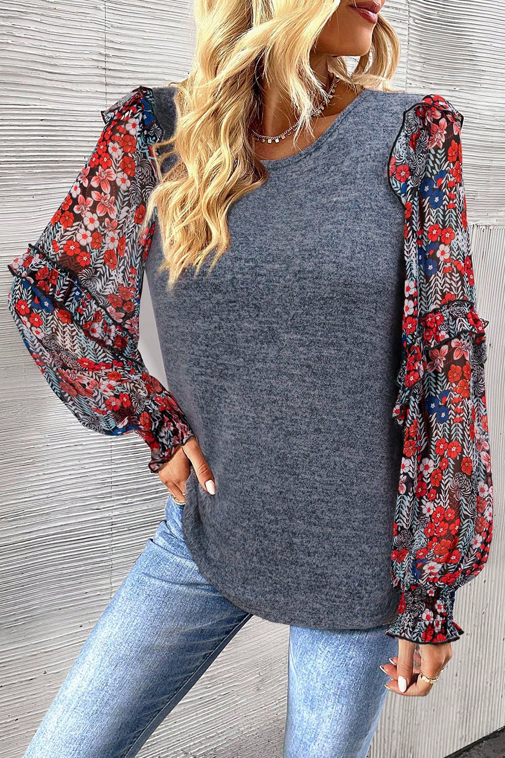 Blue Ruffle Tiered Floral Sleeve Crew Neck Blouse - Bitsy Gypsy Boutique