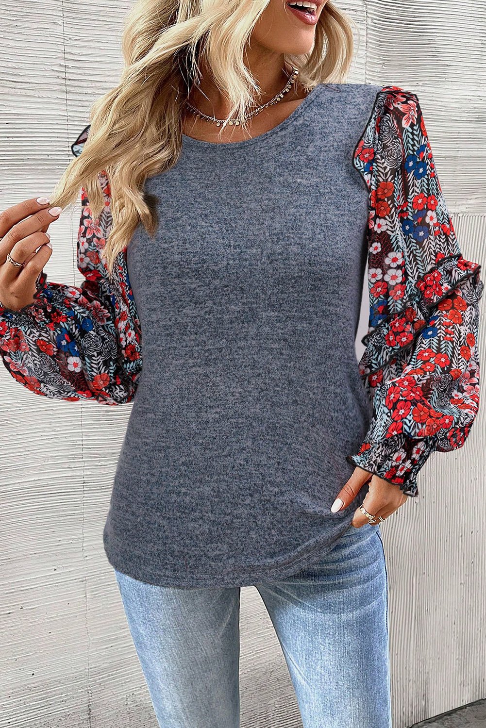 Blue Ruffle Tiered Floral Sleeve Crew Neck Blouse - Bitsy Gypsy Boutique