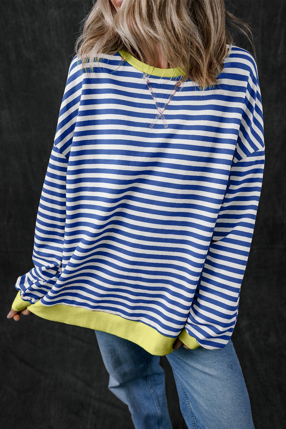 Blue Stripe Oversized Contrast Trim Pullover Sweatshirt - Bitsy Gypsy Boutique