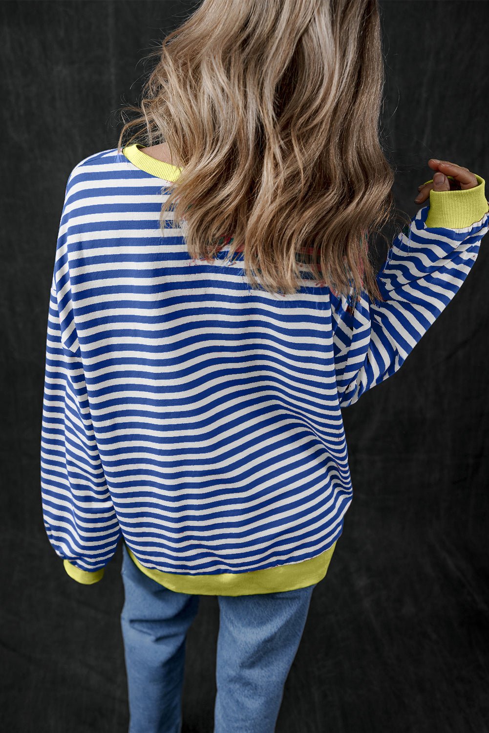 Blue Stripe Oversized Contrast Trim Pullover Sweatshirt - Bitsy Gypsy Boutique