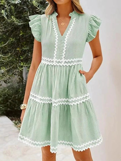Blue Striped Pocketed Tiered Dress With Ruffle Sleeves - Bitsy Gypsy Boutique