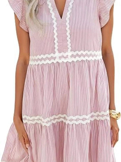 Blue Striped Pocketed Tiered Dress With Ruffle Sleeves - Bitsy Gypsy Boutique