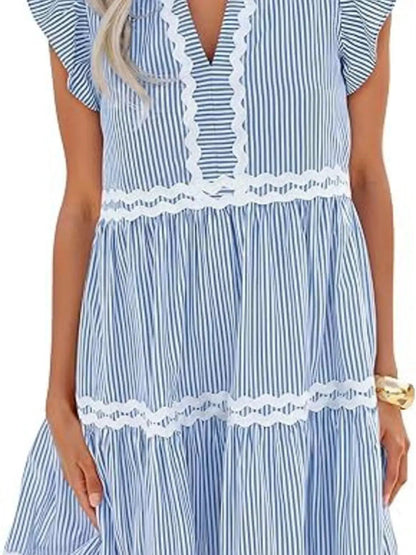 Blue Striped Pocketed Tiered Dress With Ruffle Sleeves - Bitsy Gypsy Boutique