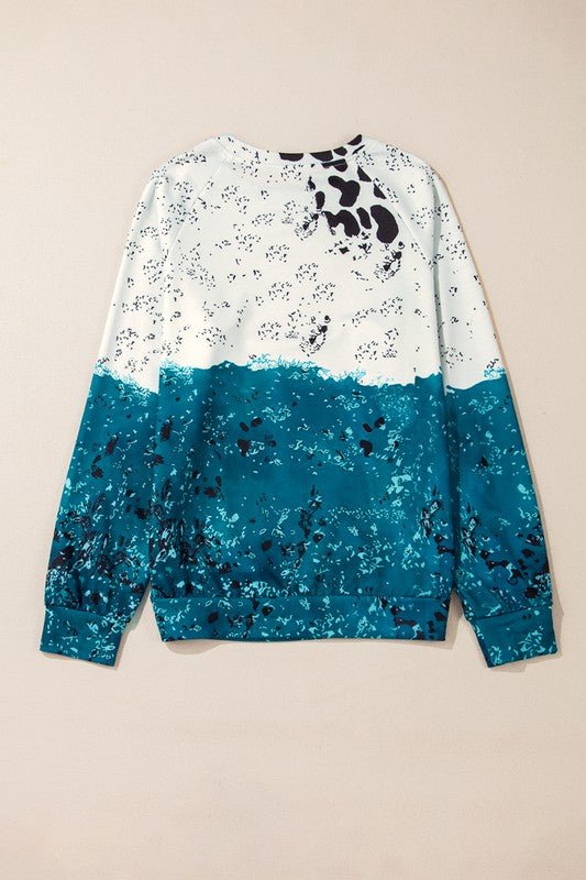 Blue Tie Dye Cow Color Block Pullover Sweatshirt - Bitsy Gypsy Boutique