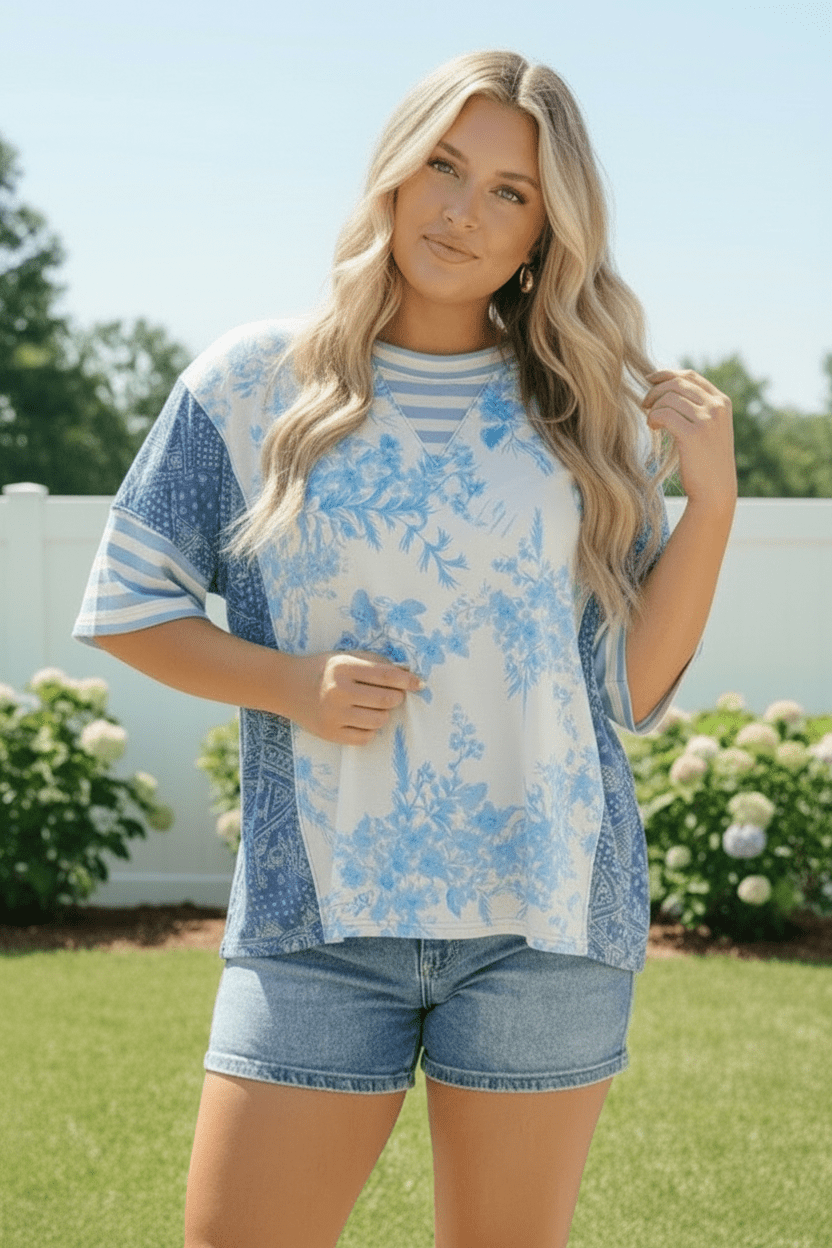 Blue Toile Mixed Print Oversized Tee - Bitsy Gypsy Boutique