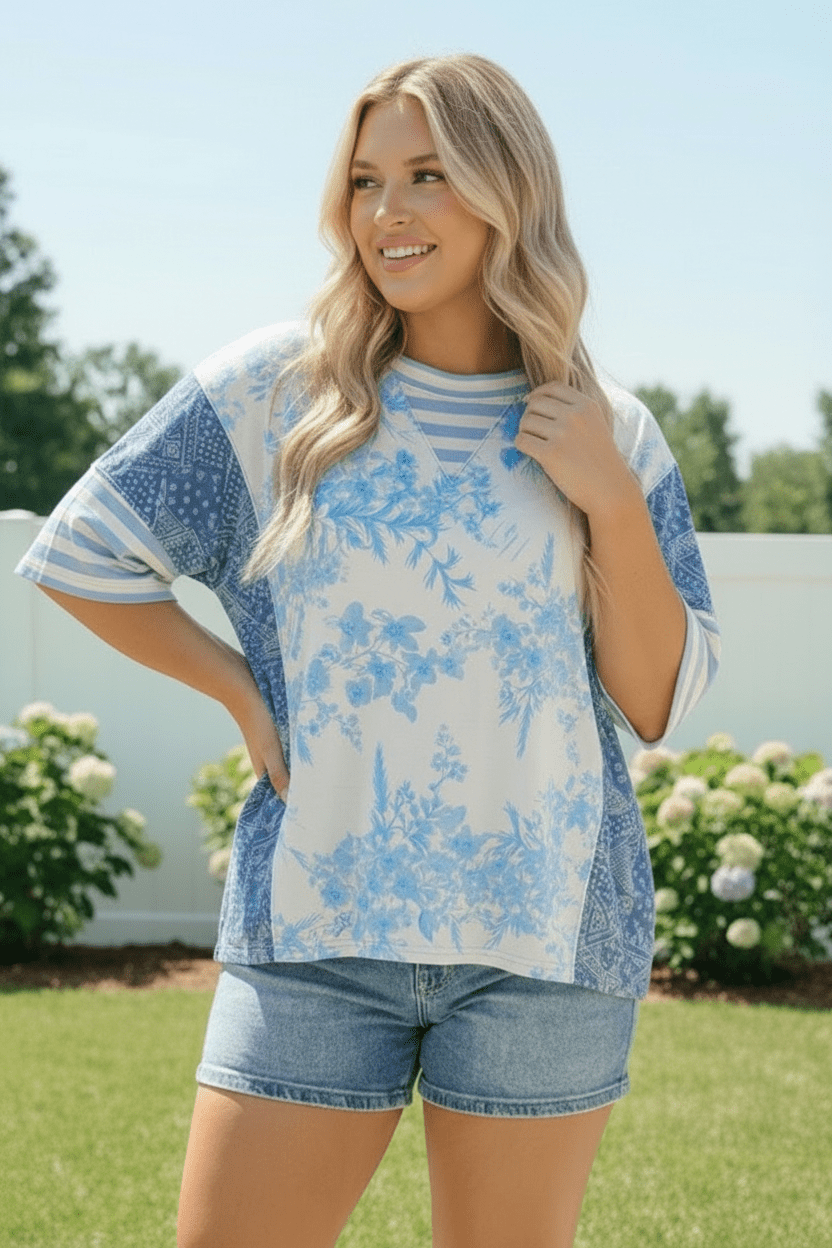 Blue Toile Mixed Print Oversized Tee - Bitsy Gypsy Boutique
