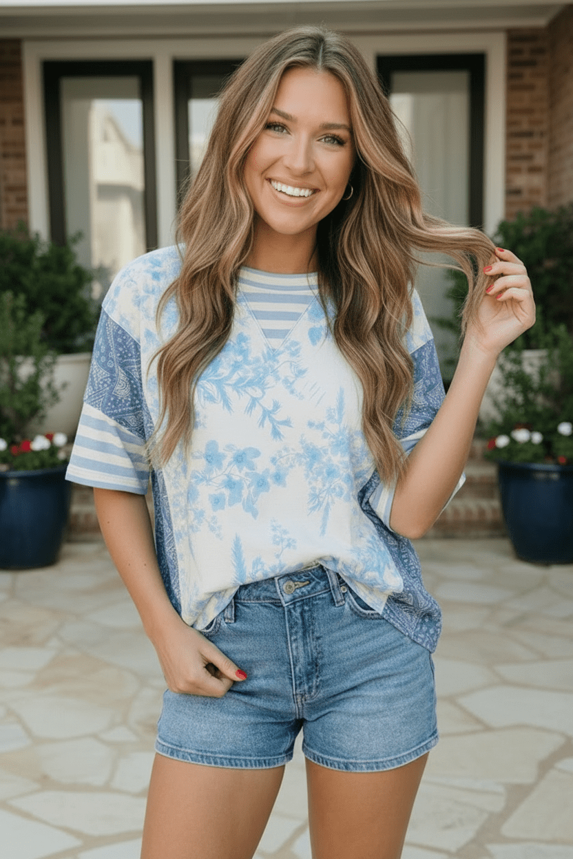 Blue Toile Mixed Print Oversized Tee - Bitsy Gypsy Boutique