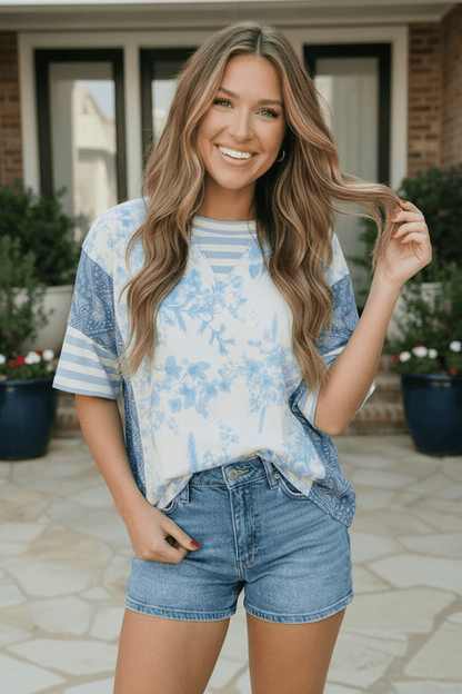Blue Toile Mixed Print Oversized Tee - Bitsy Gypsy Boutique
