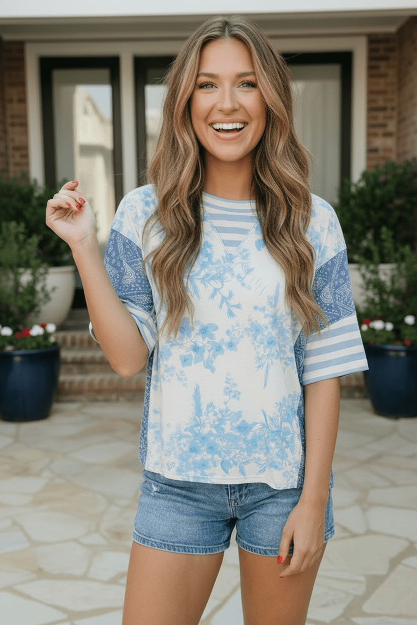 Blue Toile Mixed Print Oversized Tee - Bitsy Gypsy Boutique
