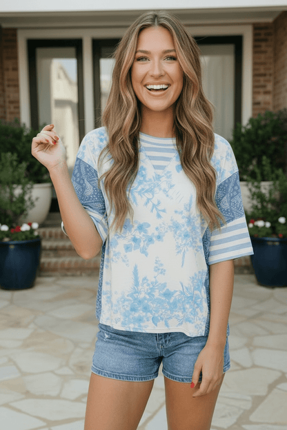 Blue Toile Mixed Print Oversized Tee - Bitsy Gypsy Boutique