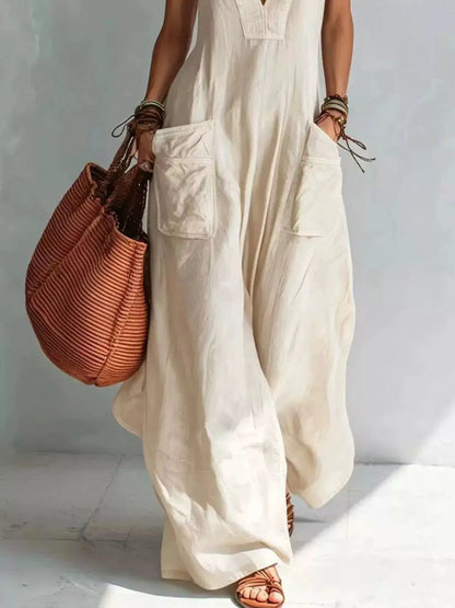 Blue V-Neck Sleeveless Wide-Leg Pocketed Jumpsuit - Bitsy Gypsy Boutique