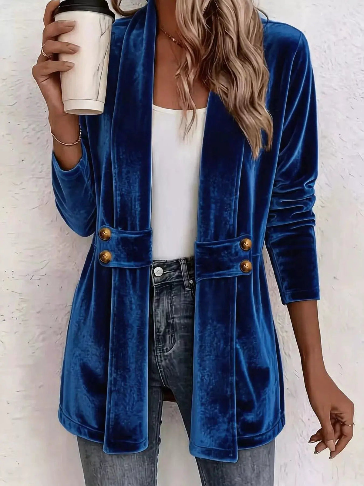 Blue Velvet Open Front Plus Size Cardigan With Buttons - Bitsy Gypsy Boutique