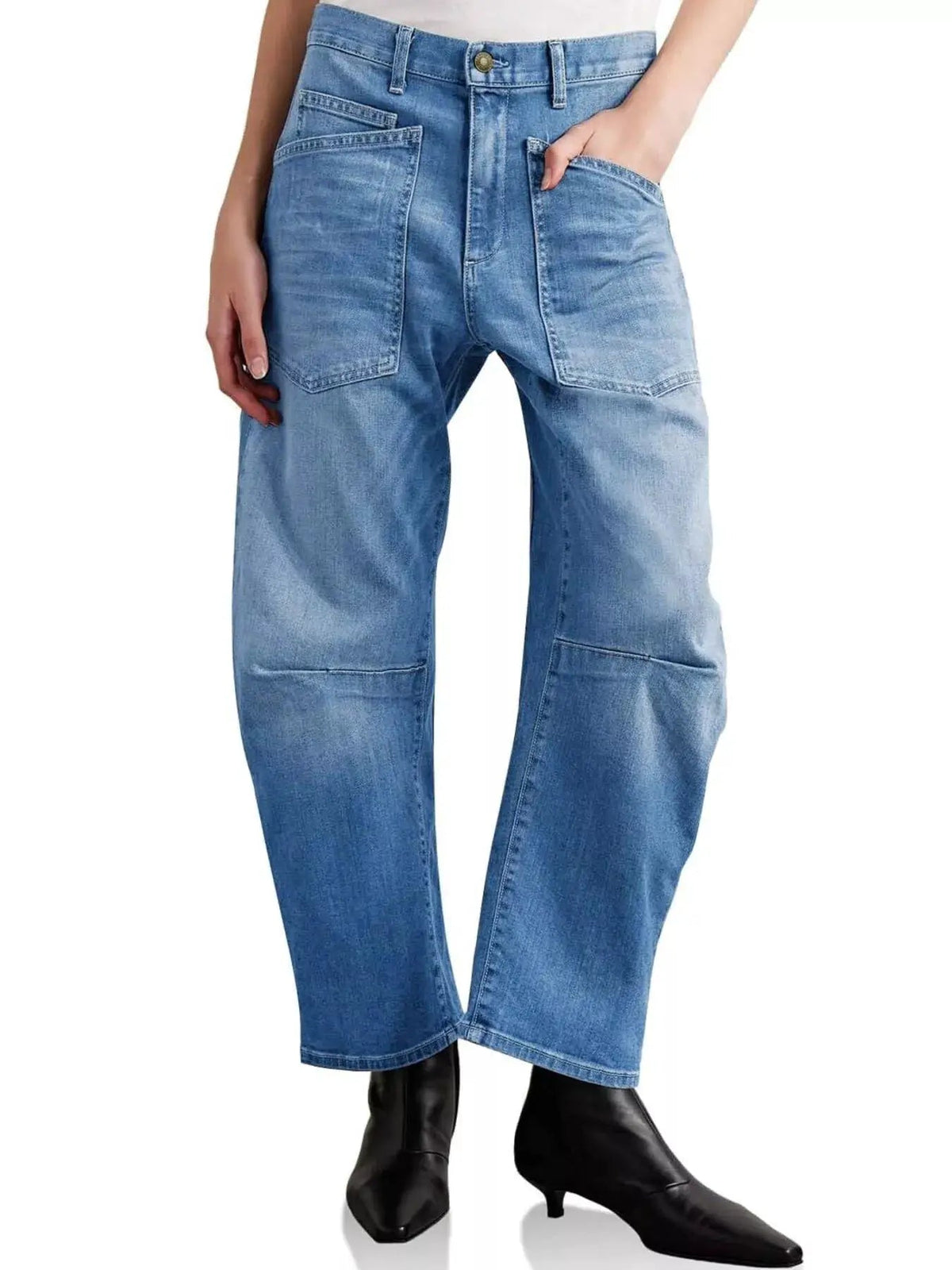 Blue Wide Leg Denim Jeans With Patch Pockets - Bitsy Gypsy Boutique