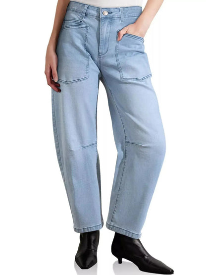 Blue Wide Leg Denim Jeans With Patch Pockets - Bitsy Gypsy Boutique