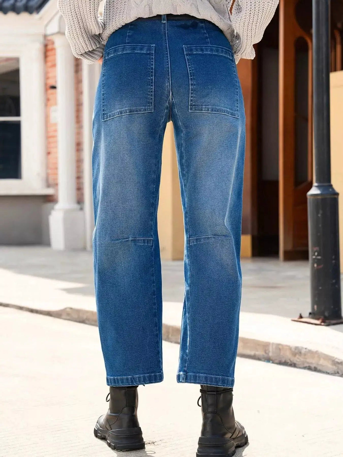 Blue Wide Leg Denim Jeans With Patch Pockets - Bitsy Gypsy Boutique