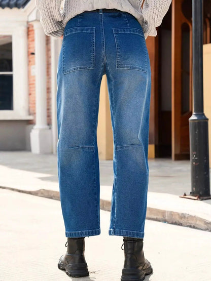 Blue Wide Leg Denim Jeans With Patch Pockets - Bitsy Gypsy Boutique