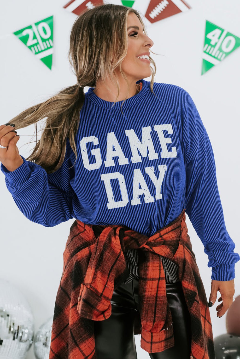 Bluing Corded GAME DAY Graphic Long Sleeve Crewneck Top - Bitsy Gypsy Boutique