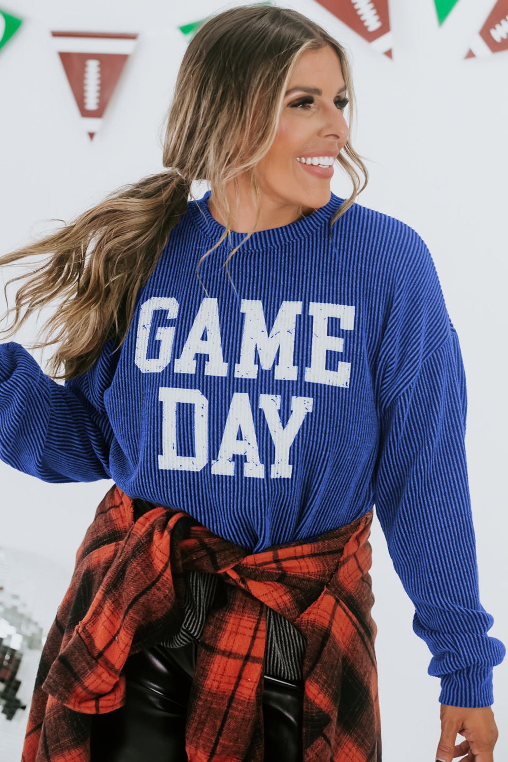 Bluing Corded GAME DAY Graphic Long Sleeve Crewneck Top - Bitsy Gypsy Boutique