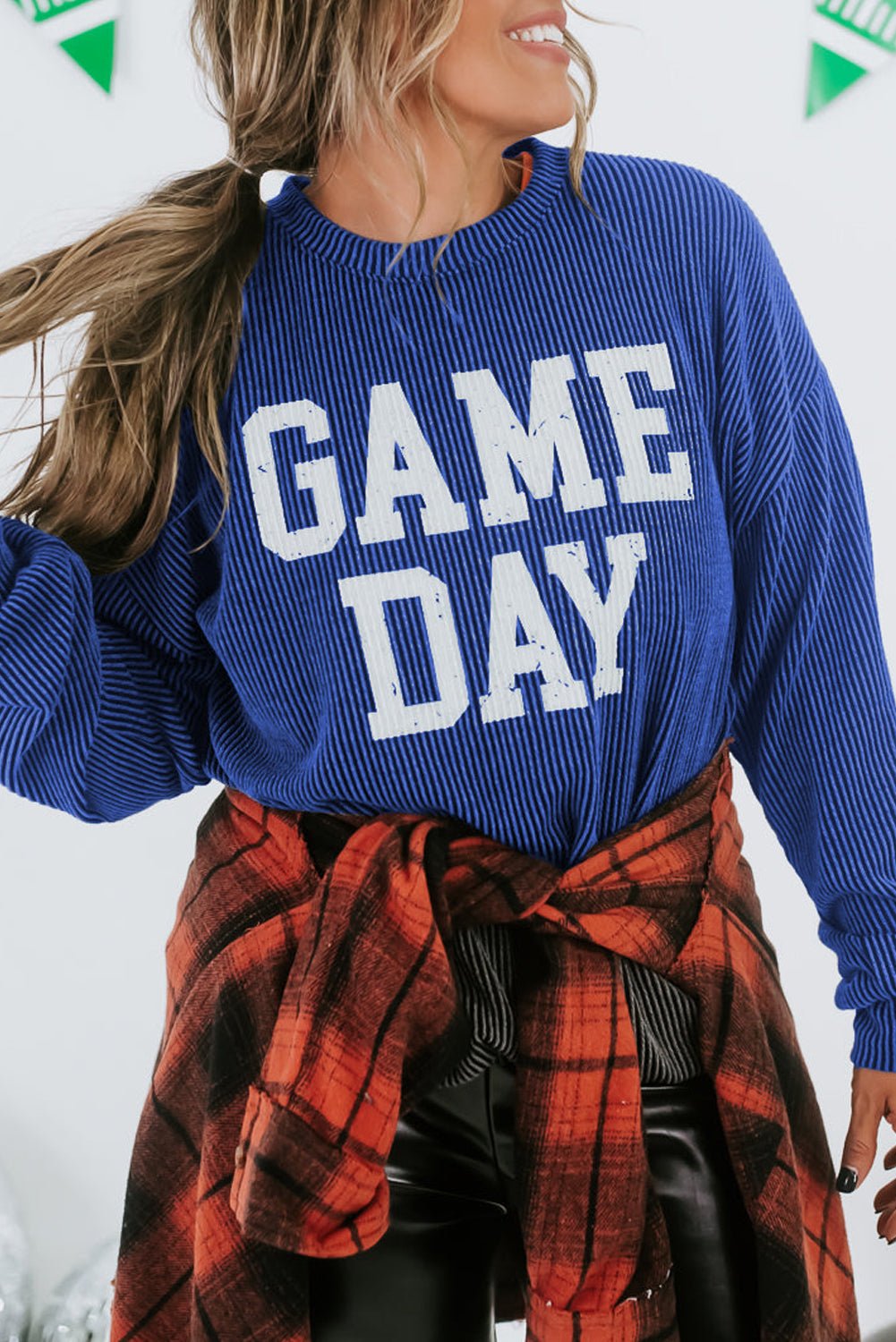 Bluing Corded GAME DAY Graphic Long Sleeve Crewneck Top - Bitsy Gypsy Boutique