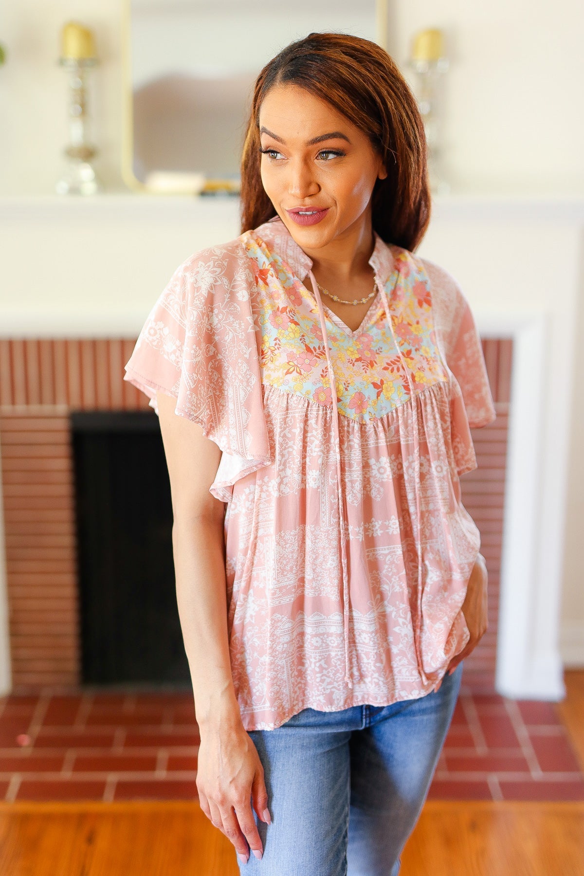 Blush Paisley Floral Yoke Tie Neck Top - Bitsy Gypsy Boutique