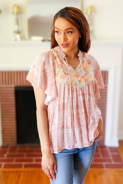 Blush Paisley Floral Yoke Tie Neck Top - Bitsy Gypsy Boutique