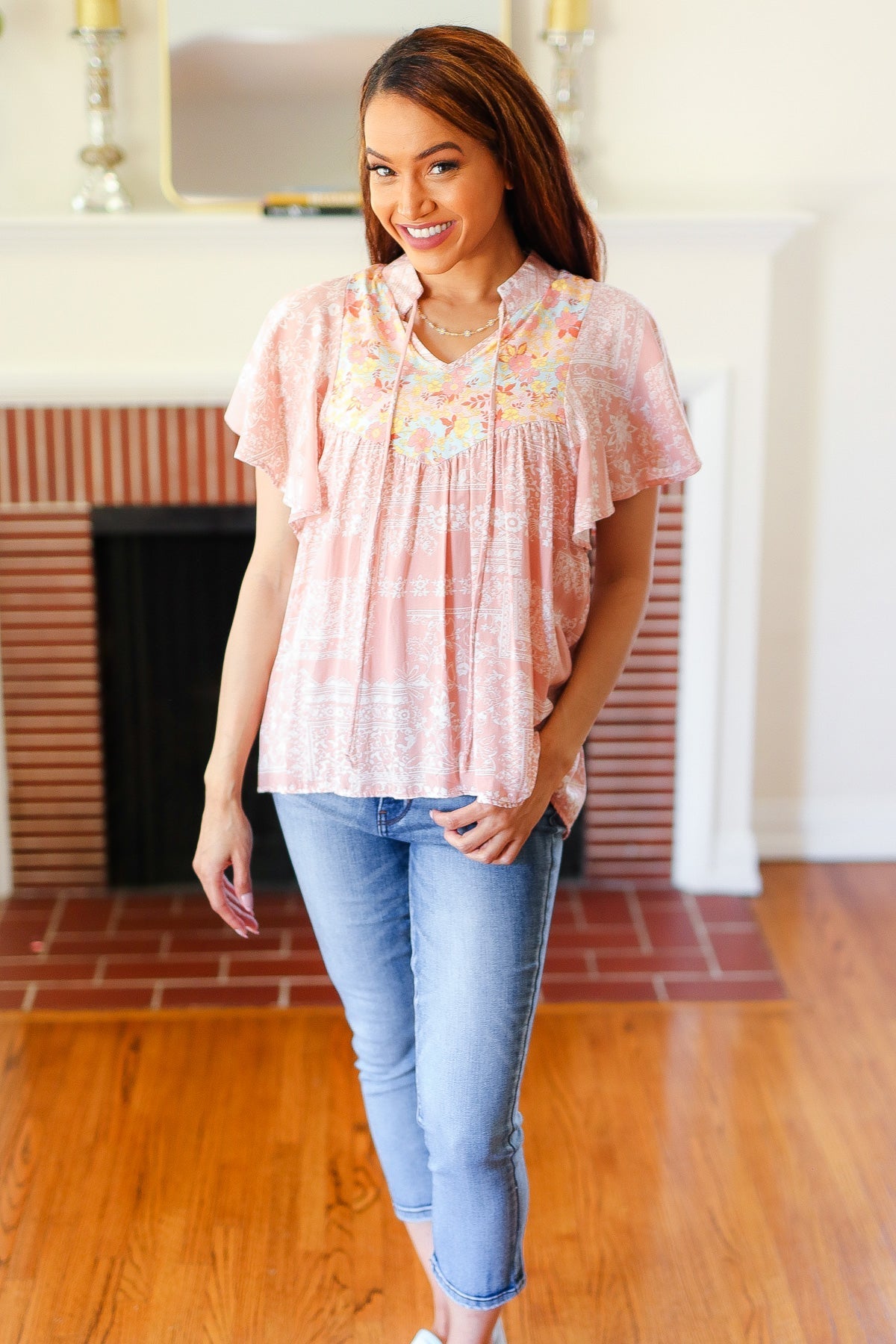 Blush Paisley Floral Yoke Tie Neck Top - Bitsy Gypsy Boutique