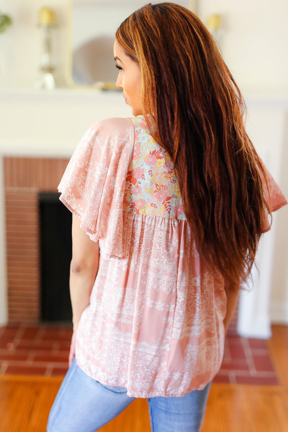 Blush Paisley Floral Yoke Tie Neck Top - Bitsy Gypsy Boutique
