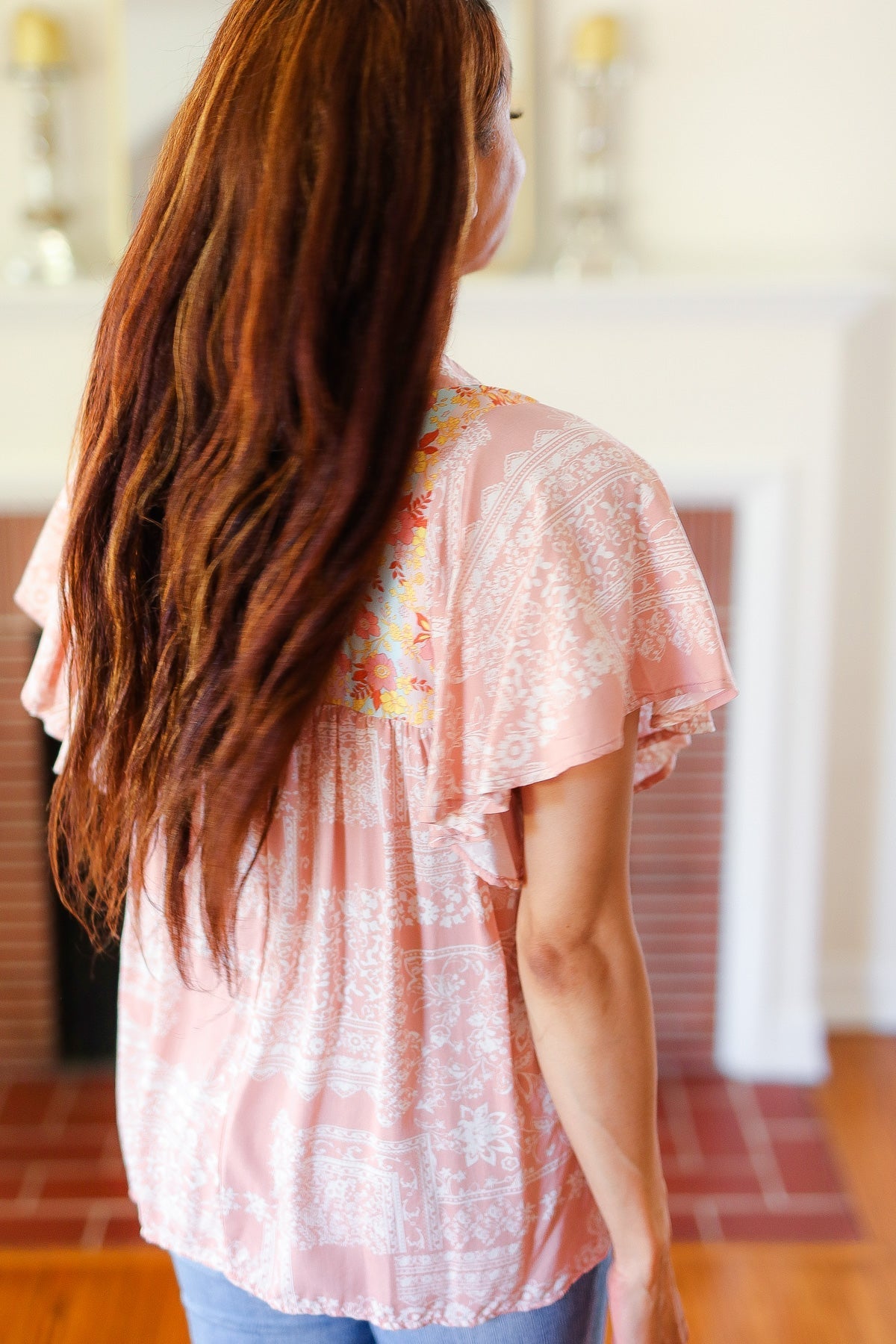 Blush Paisley Floral Yoke Tie Neck Top - Bitsy Gypsy Boutique