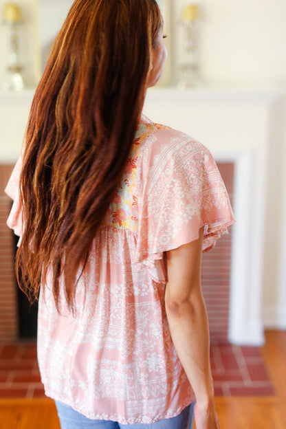 Blush Paisley Floral Yoke Tie Neck Top - Bitsy Gypsy Boutique