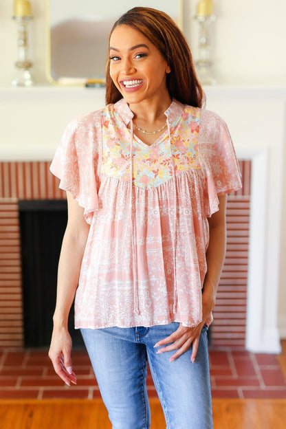 Blush Paisley Floral Yoke Tie Neck Top - Bitsy Gypsy Boutique