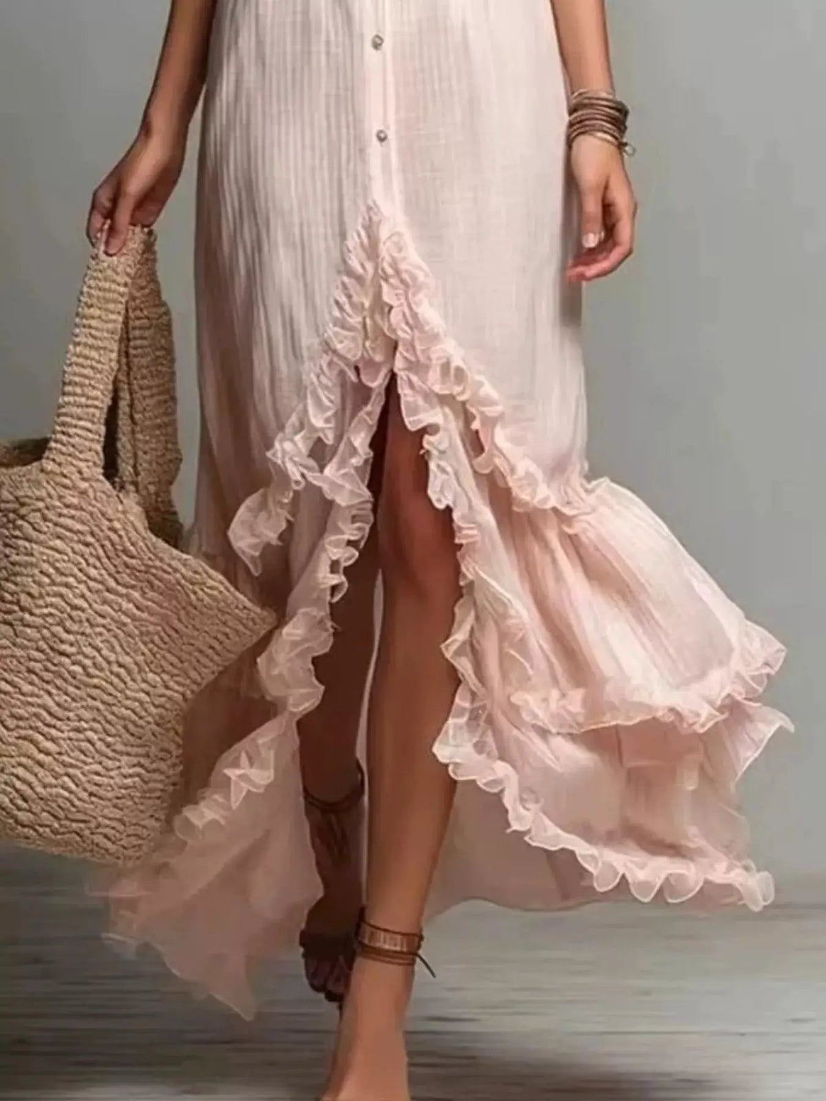 Blush Pink Button Front Ruffled High Low Maxi Dress - Bitsy Gypsy Boutique