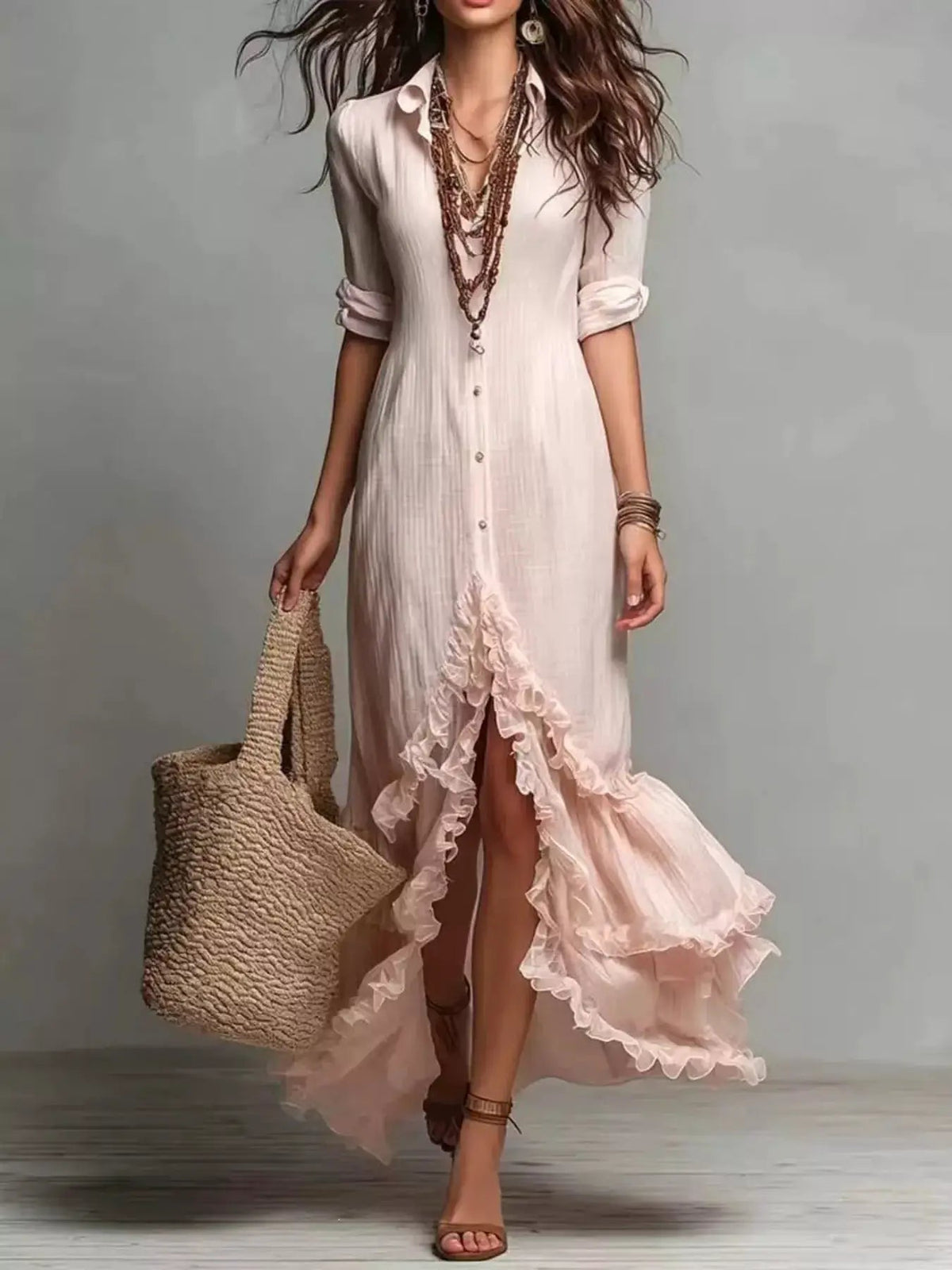 Blush Pink Button Front Ruffled High Low Maxi Dress - Bitsy Gypsy Boutique
