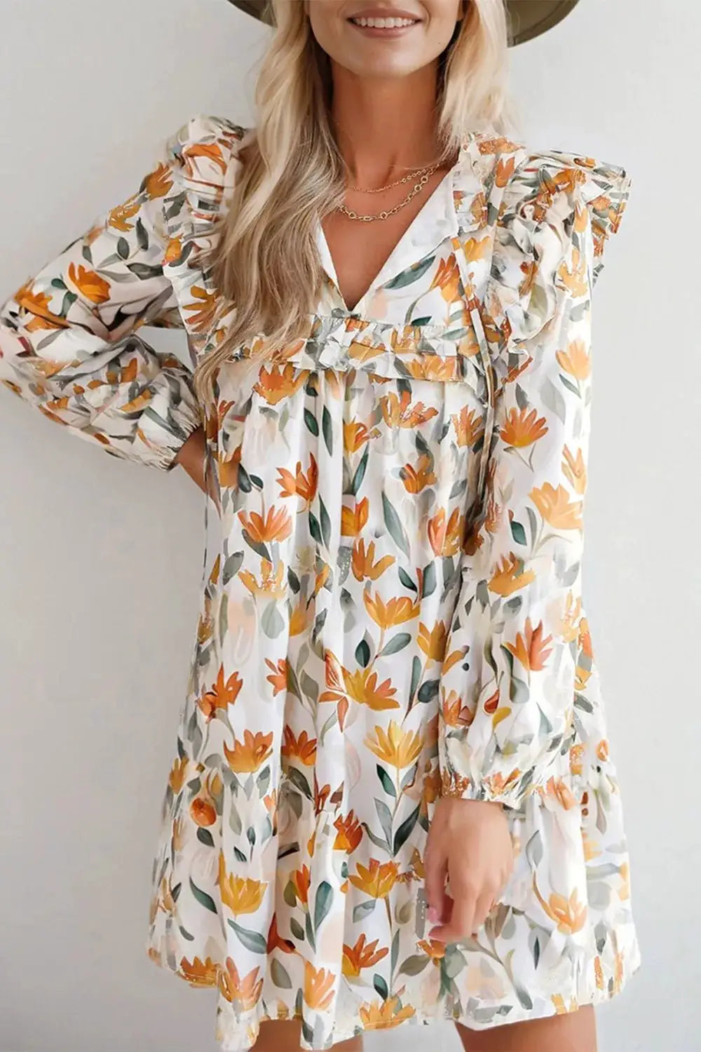 Bohemian Floral Print Ruffle Mini Dress by Trendsi