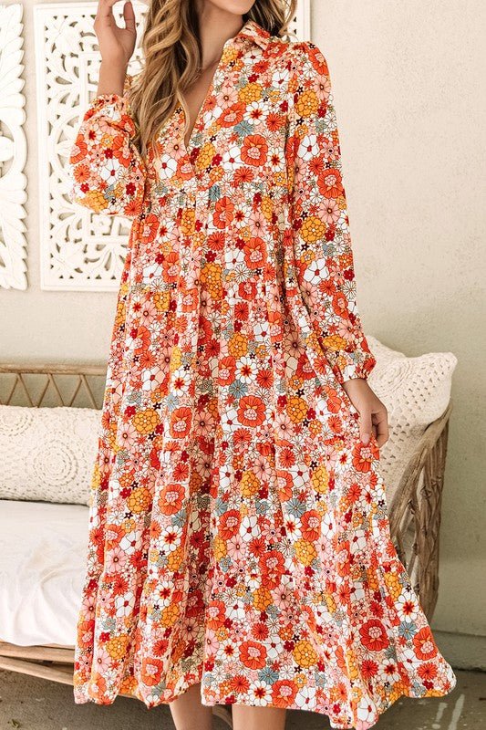 Boho Floral Collared Long Sleeve Dress - Bitsy Gypsy Boutique