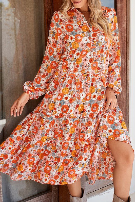 Boho Floral Collared Long Sleeve Dress - Bitsy Gypsy Boutique