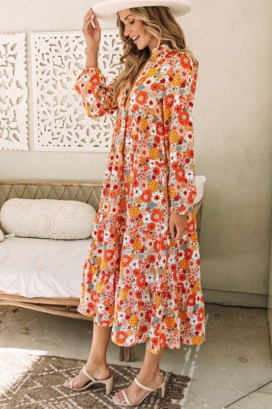 Boho Floral Collared Long Sleeve Dress - Bitsy Gypsy Boutique