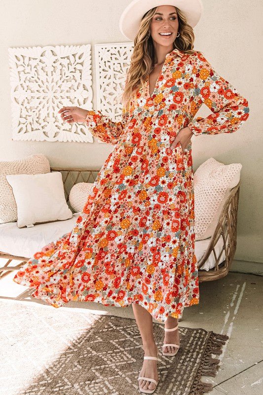 Boho Floral Collared Long Sleeve Dress - Bitsy Gypsy Boutique