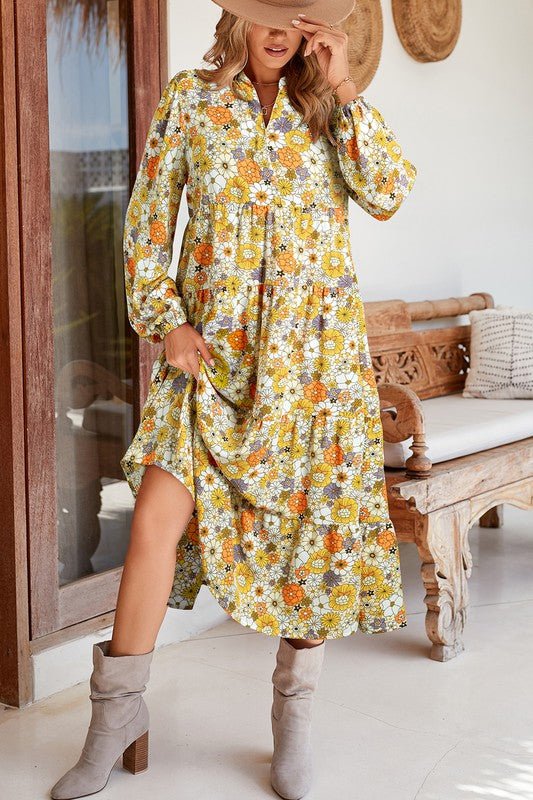 Boho Floral Collared Long Sleeve Dress - Bitsy Gypsy Boutique