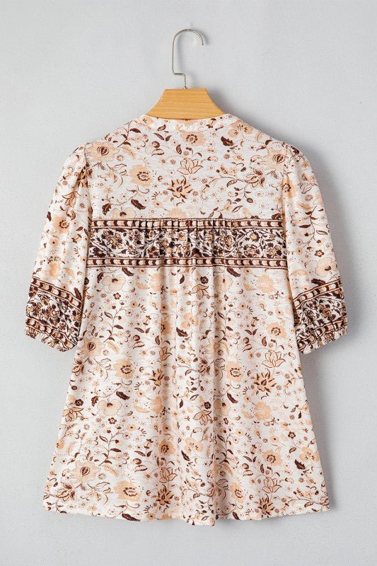 Boho Floral Half Placket Short Sleeve Blouse - Bitsy Gypsy Boutique