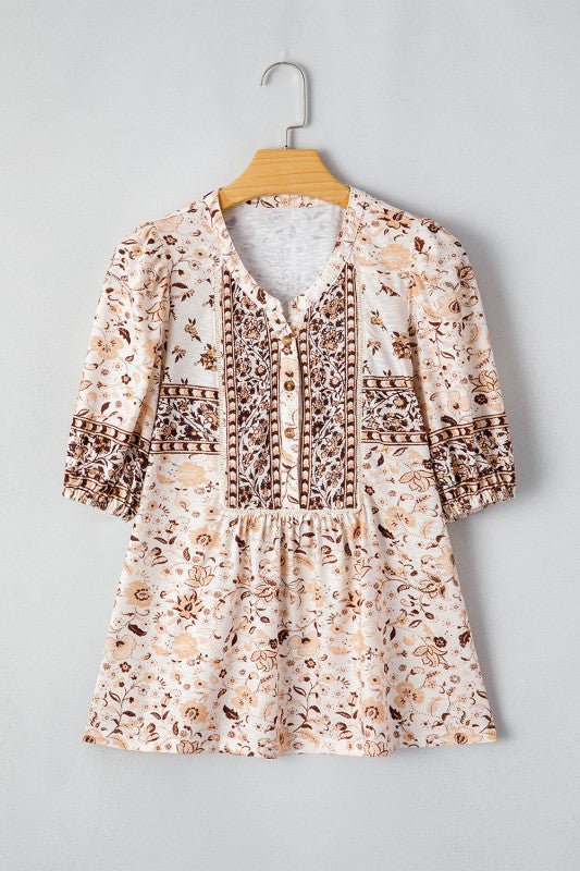 Boho Floral Half Placket Short Sleeve Blouse - Bitsy Gypsy Boutique