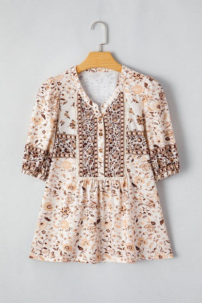 Boho Floral Half Placket Short Sleeve Blouse - Bitsy Gypsy Boutique