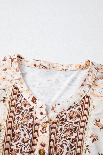 Boho Floral Half Placket Short Sleeve Blouse - Bitsy Gypsy Boutique