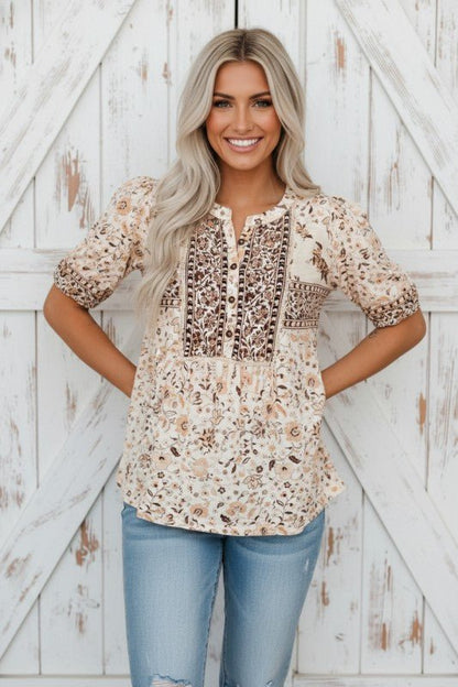Boho Floral Half Placket Short Sleeve Blouse - Bitsy Gypsy Boutique
