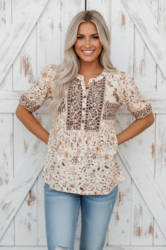 Boho Floral Half Placket Short Sleeve Blouse - Bitsy Gypsy Boutique