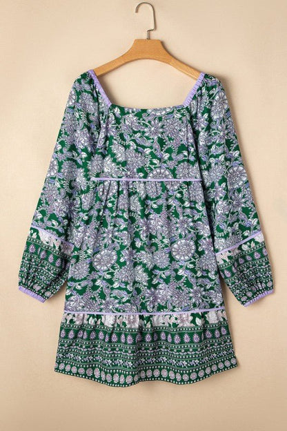 Boho Floral Piping Trim Bubble Sleeve Dress - Bitsy Gypsy Boutique