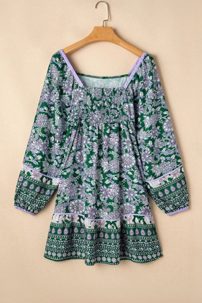 Boho Floral Piping Trim Bubble Sleeve Dress - Bitsy Gypsy Boutique